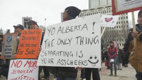 First Nations groups held a rally at Edmonton's Churchill Square on April 8, 2026 to speak out against a potential separation referendum. (Brandon Lynch/CTV News Edmonton)