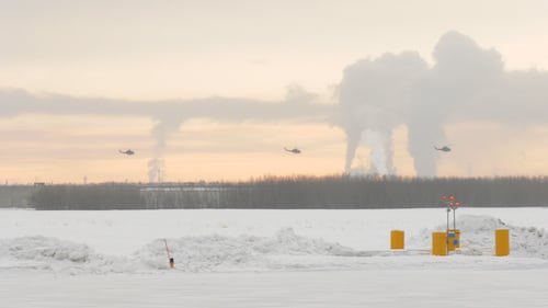Six CH-146 Griffons from the 408 Tactical Helicopter Squadron of the Royal Canadian Air Force fly from Edmonton to Fort Wainwright, Alaska, on Jan. 26, 2026. (Evan Klippenstein/CTV News Edmonton)