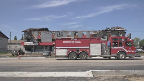 The aftermath of a fatal explosion and fire at an apartment building at 82 Street and 132 Avenue. (Brandon Lynch/CTV News Edmonton)