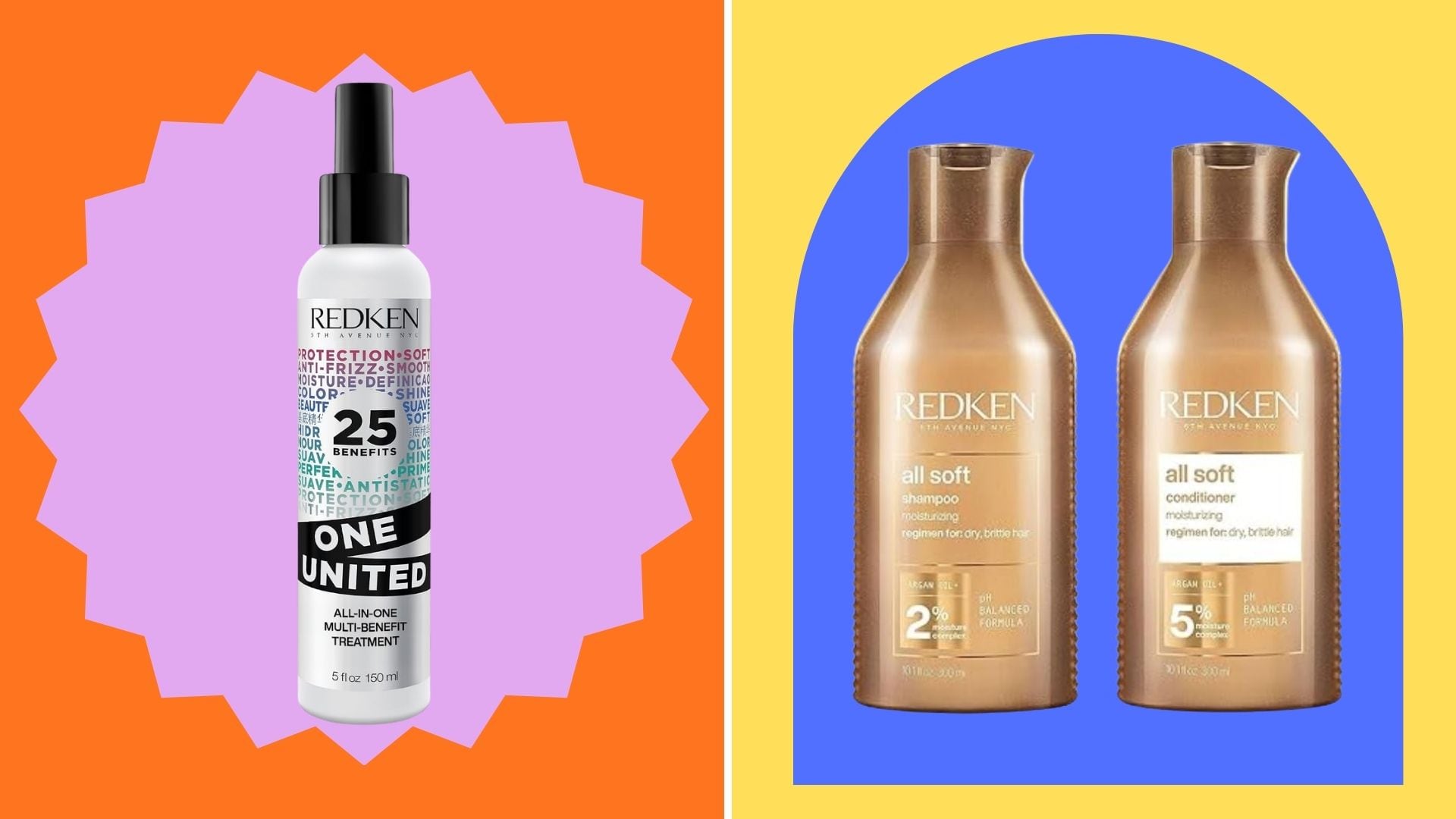 Redken One United Leave-In Spray and Redken All Soft Shampoo and Conditioner on a colourful background.