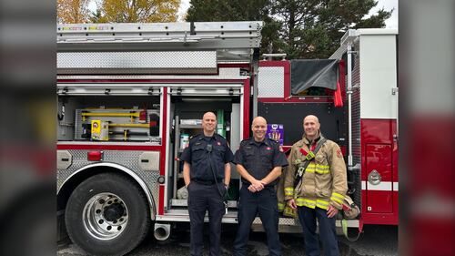 Firefighters are pictured in front of their engine at the Halloween Trick-or-Treat Trail Walk is pictured at the Gaetz Brook Greenway in East Chezzetcook, N.S., on October 25, 2025. (Emma Convey / CTV Atlantic)
