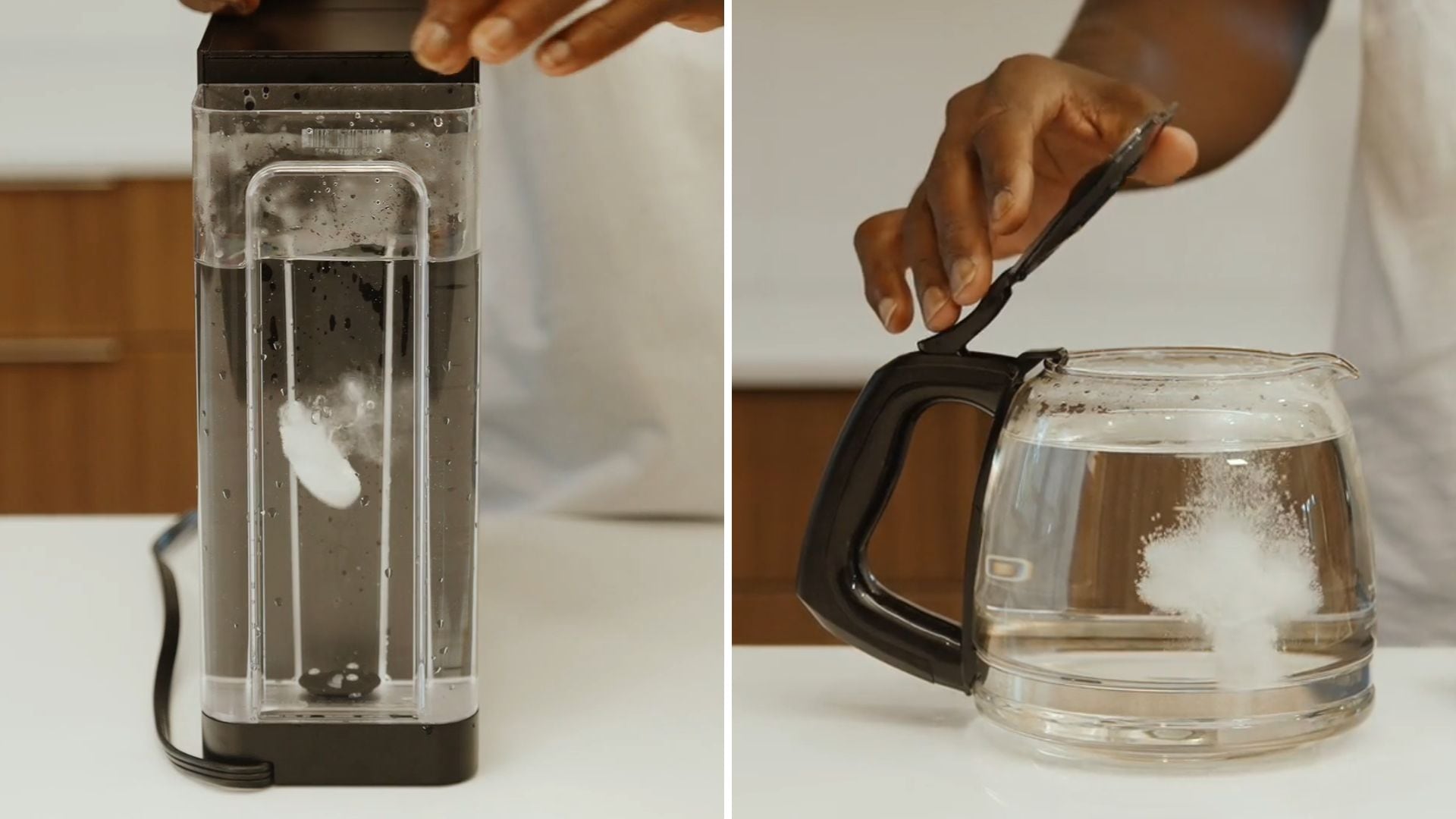 A person using an ACTIVE tablet to clean a Keurig machine and a coffee pot.