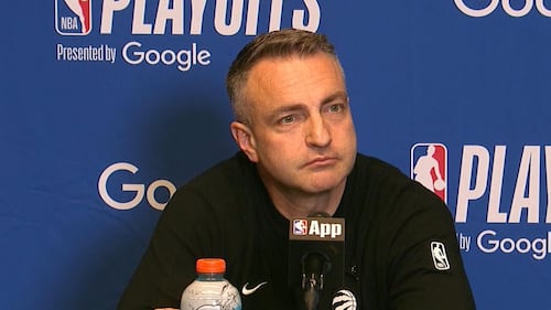 Toronto Raptors coach speaks to reporters after Game 1 loss to Cavaliers
