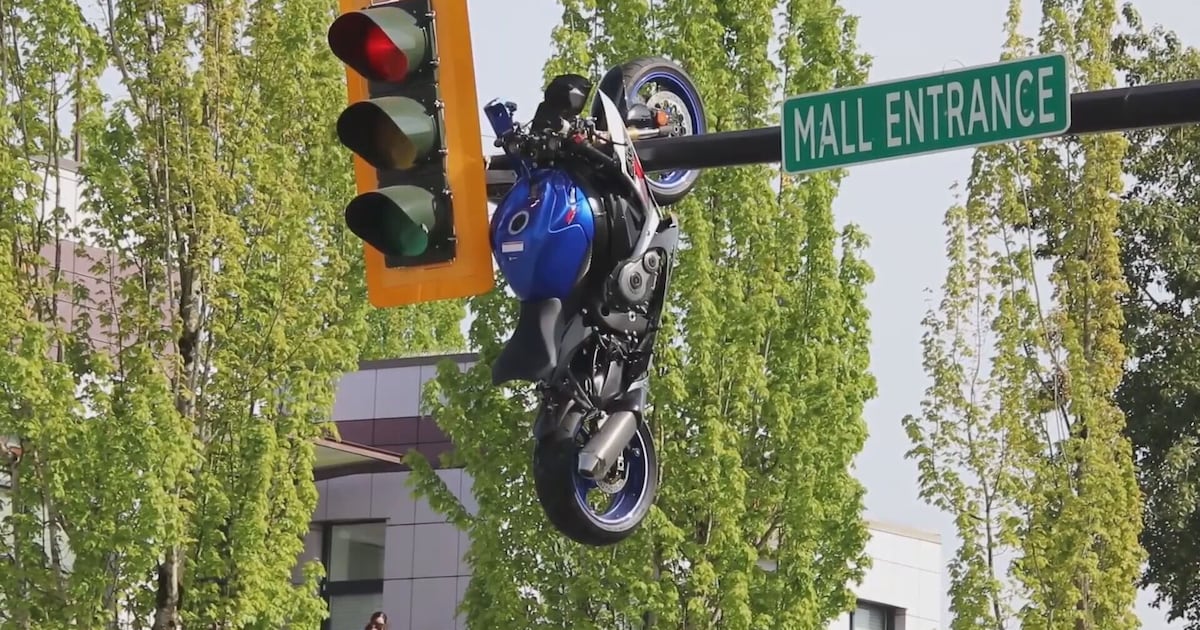 Speed is believed to have been a factor in a crash that left a motorcycle dangling from a traffic light in Metro Vancouver.