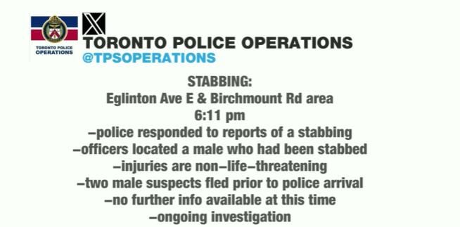 Police are searching for two suspects following a stabbing in Scarborough