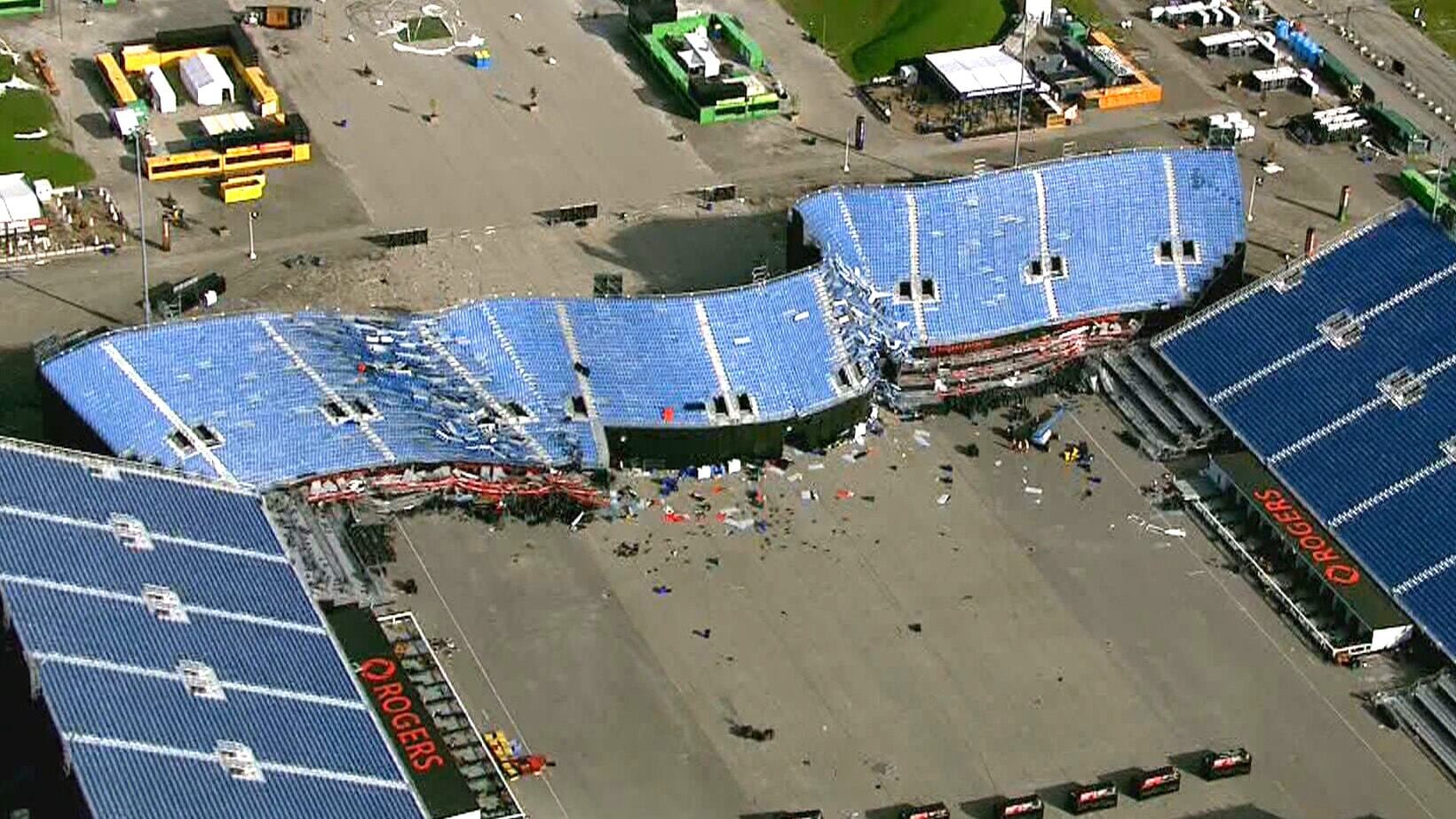 Debris scattered throughout Rogers Stadium after storm damage