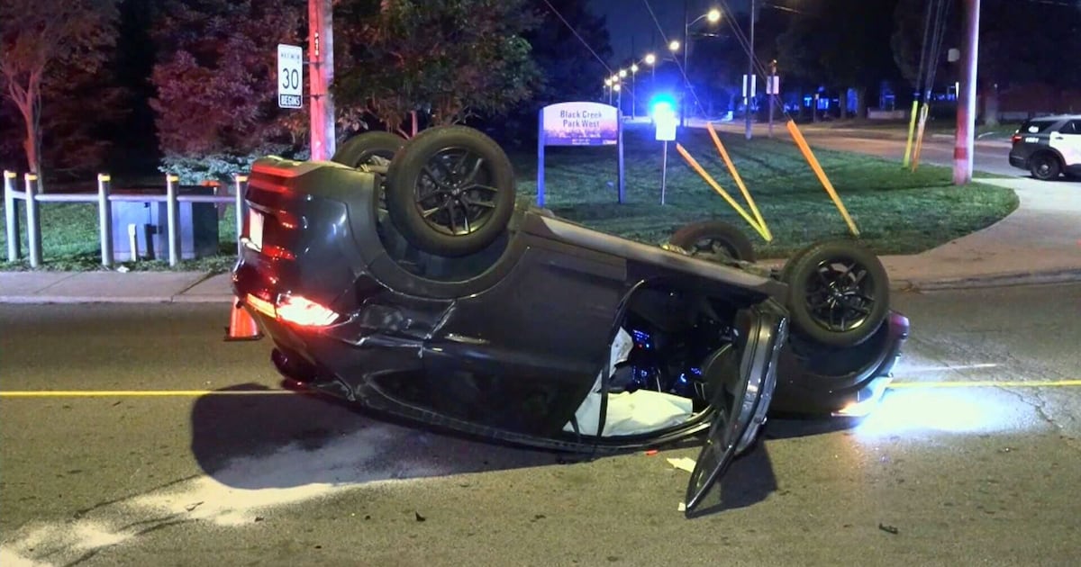 Two people injured after crash flips car in North York - CTV News