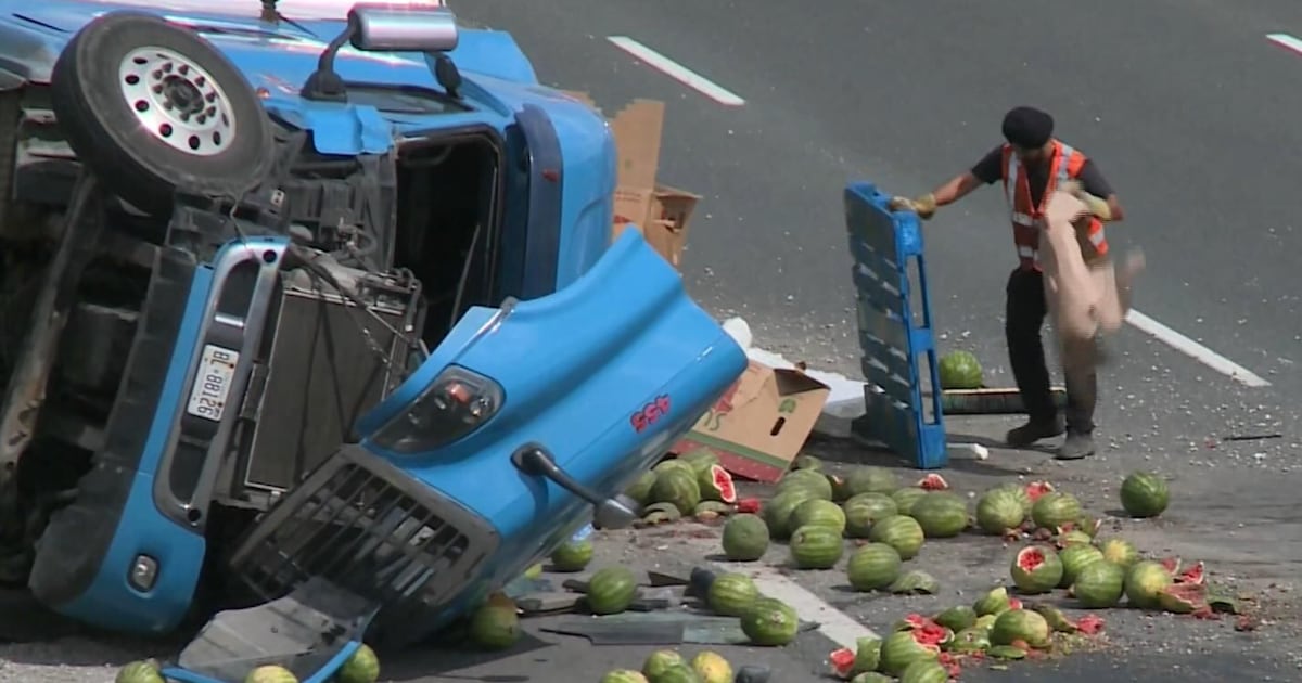 Truck carrying watermelons crashes on Highway 401 - CTV News