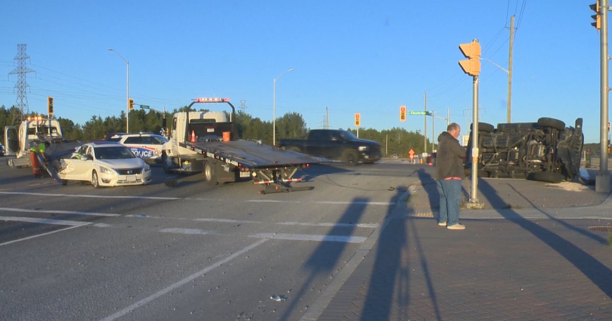 Two-vehicle crash flips Jeep at Sudbury intersection - CTV News